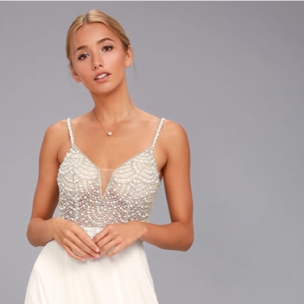 LULU’S TRUE LOVE WHITE BEADED RHINESTONE DRESS Sz8